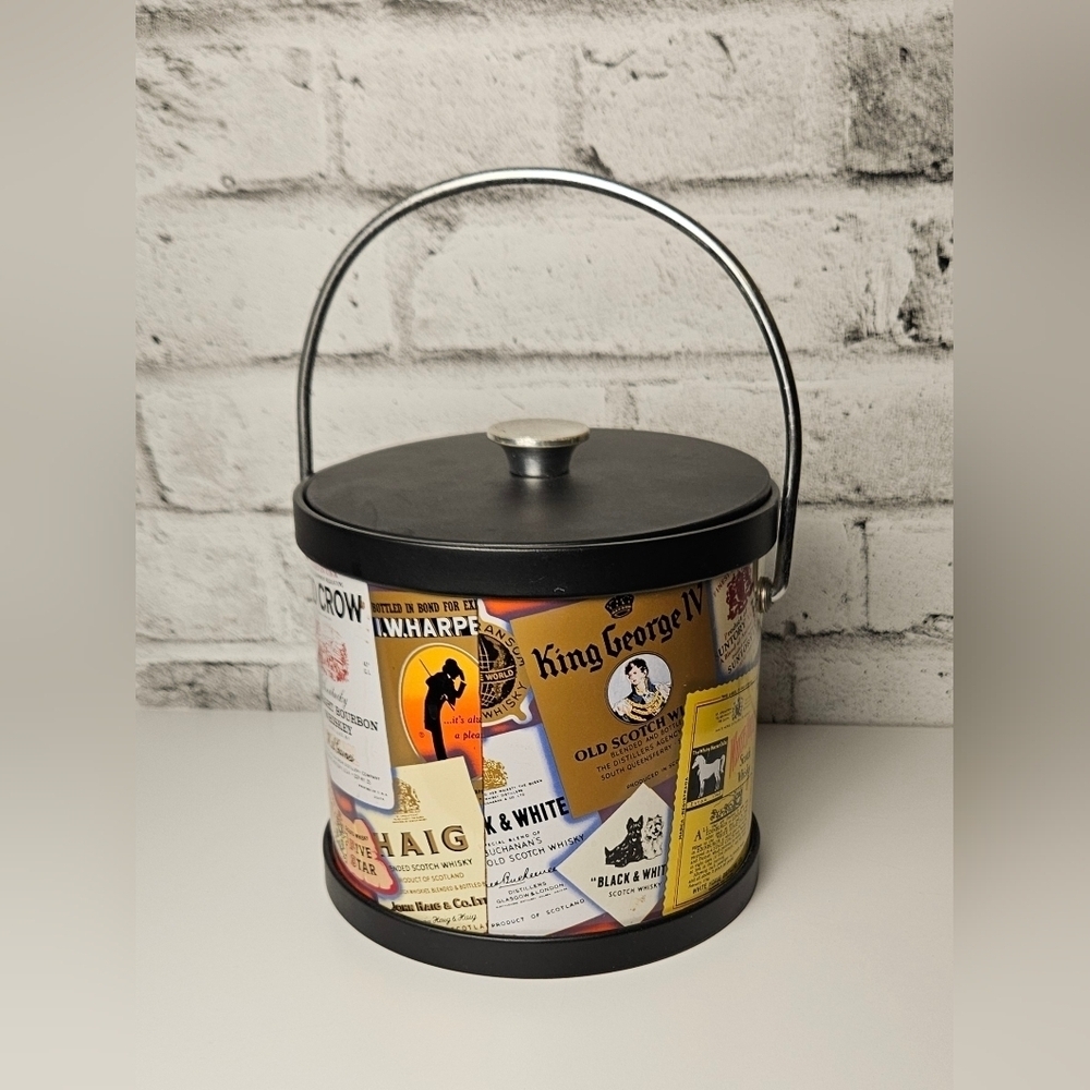 Vintage Whisky Label Ice Bucket w/ Tongs | Retro Barware Bar Cart Decor - Picture 3 of 12